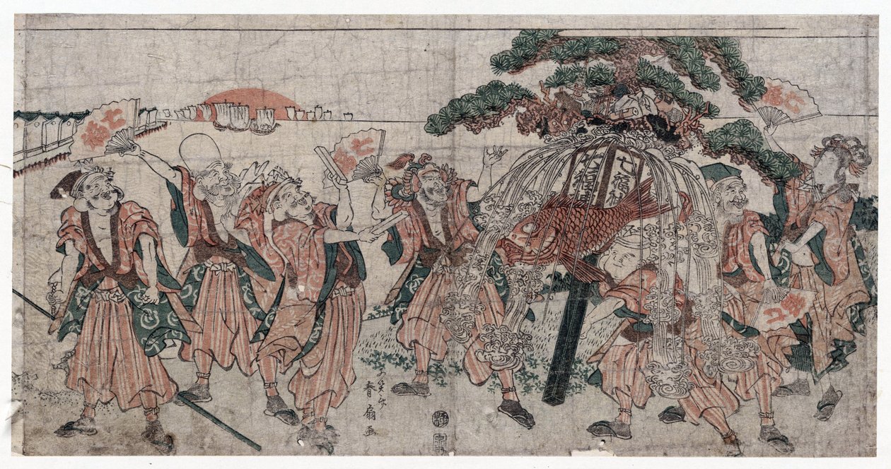 Vzadu pt jivi s zu book heu r-seven ucky go ds par seasonal fresh (sezónní prášek je dobrý), Kachigawa (1762-1830) od Shunsen Katsukawa