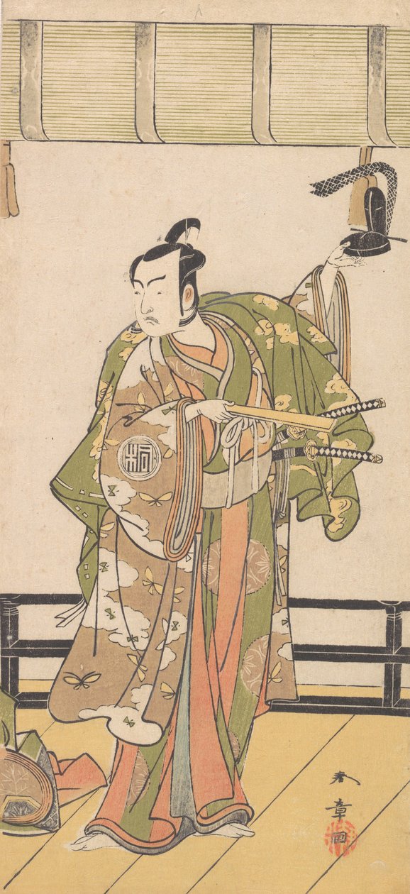 Arashi Sangoro jako samuraj stojící na verandě velkého domu, 1774 nebo 1775. od Shunsho