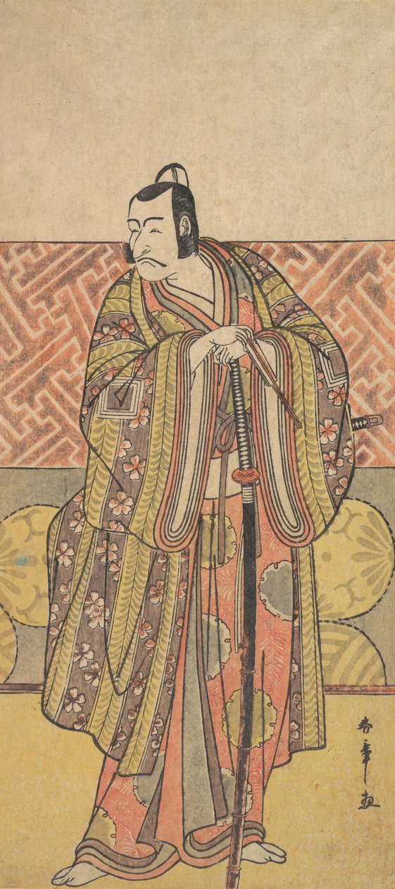 Ichikawa Danjuro V jako Kudo Suketsune, bohatě oblečený, opírající se o svůj meč, konec 18. století. od Shunsho