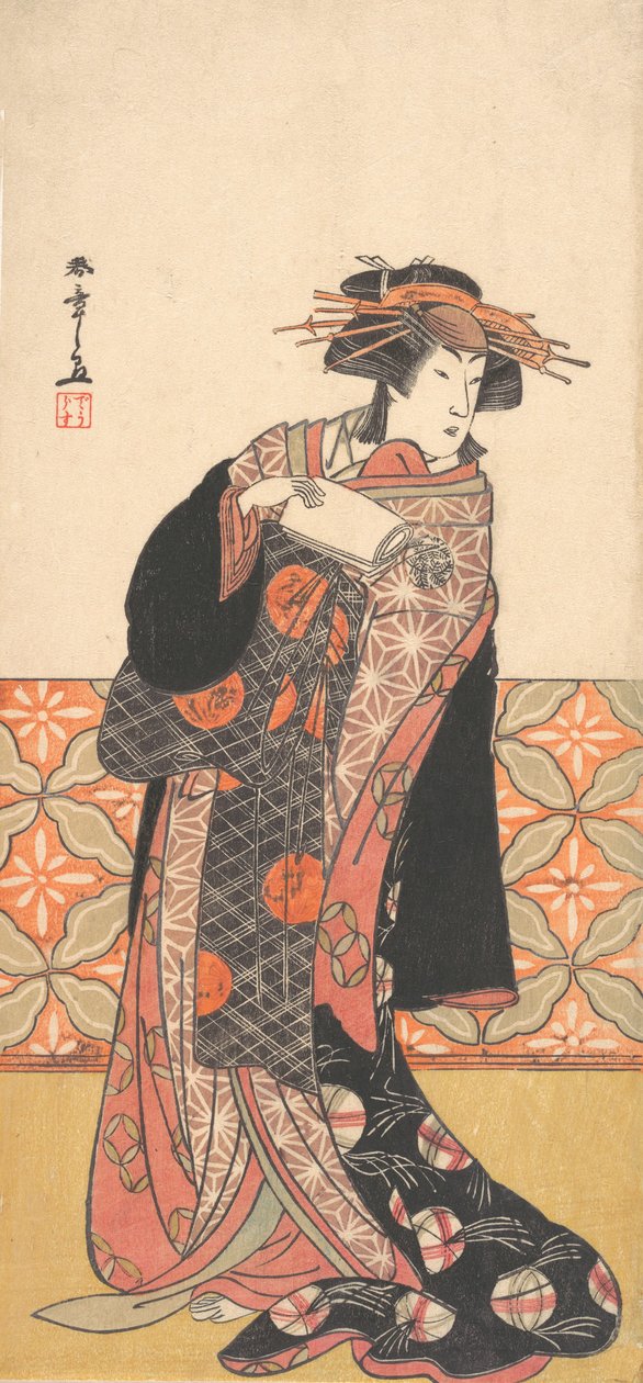 Nakamura Riko jako bohatě oděná kurtizána stojící v místnosti, ca. 1778. od Shunsho