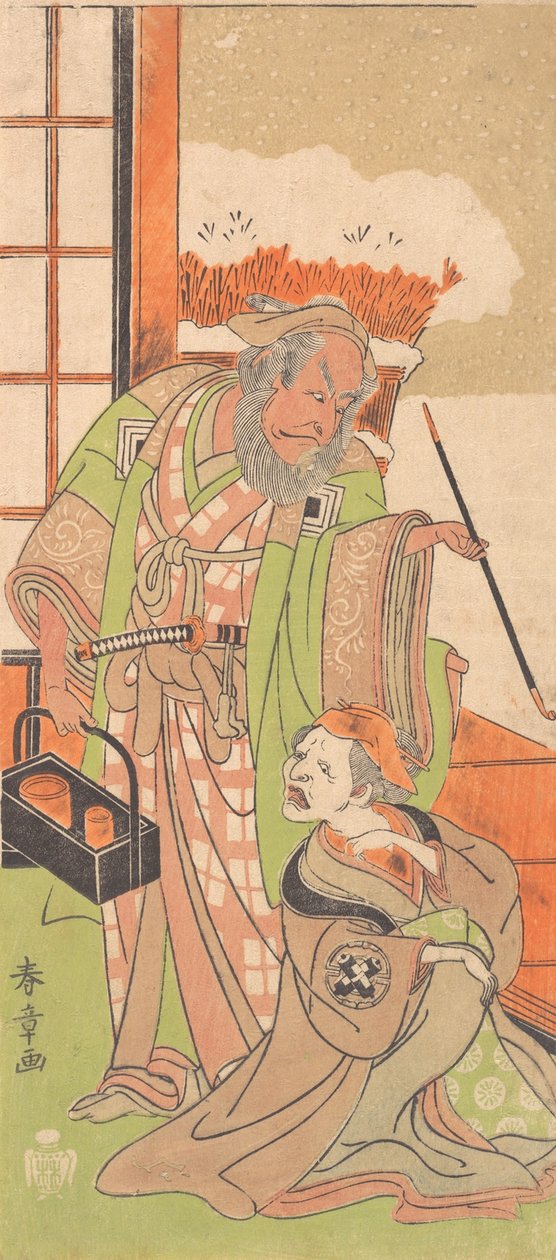Scéna z druhého dějství dramatu Kawaranu Hana Sakae Hachinoki, 12. měsíc, 1769. od Shunsho