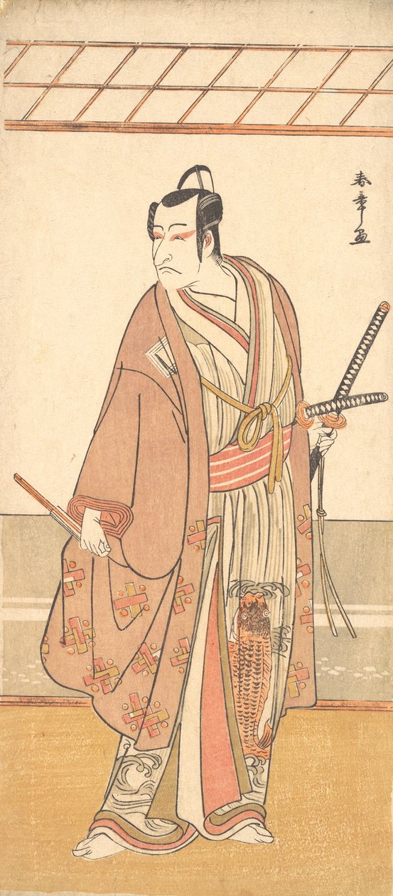 Herec Ichikawa Danjuro V jako samuraj oblečený ve fialovém kabátě Haori, ca. 1778. od Shunsho