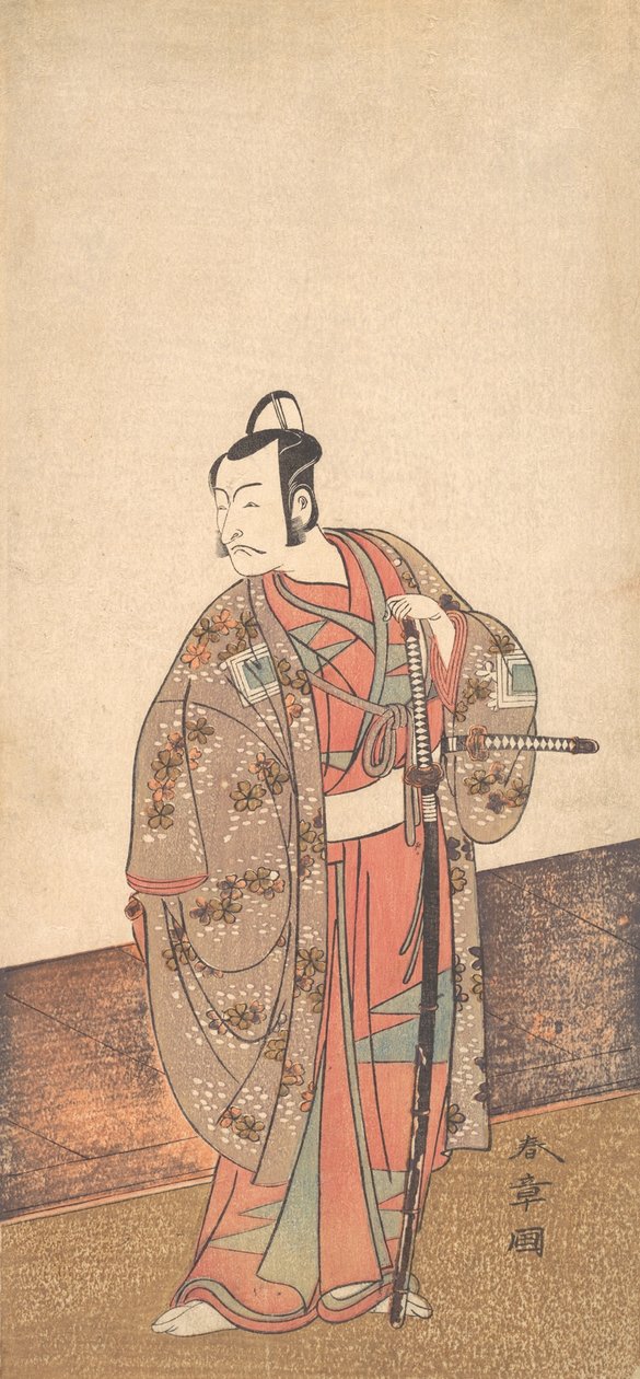 Herec Ichikawa Danjuro V stojící uvnitř domu a před engawou, ca. 1772. od Shunsho