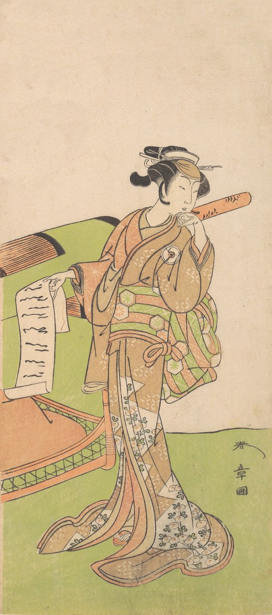 Herec Iwai Hanshiro IV v ženské roli, stojící vedle vrhu, 1726-1792. od Shunsho
