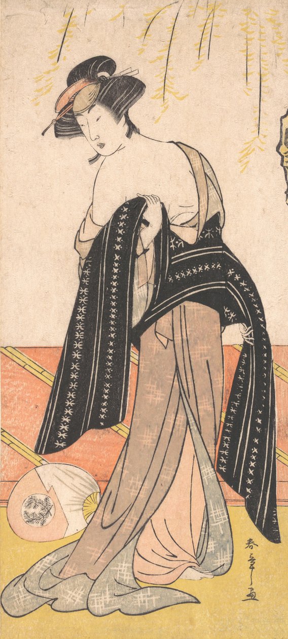 Herec Nakamura Riko jako Oiran svazující její Obi, ca. 1779. od Shunsho