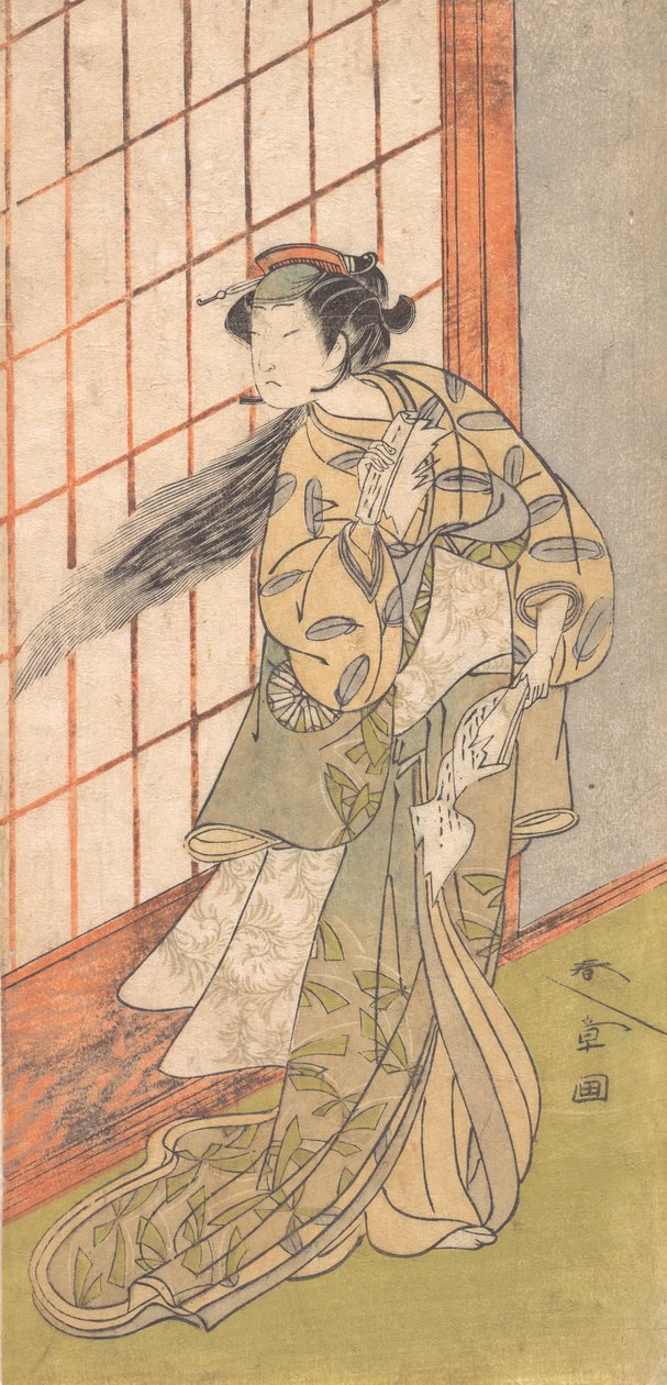 První Nakamura Tomijuro jako rozzlobená žena stojící v místnosti, 1772 nebo 1773. od Shunsho