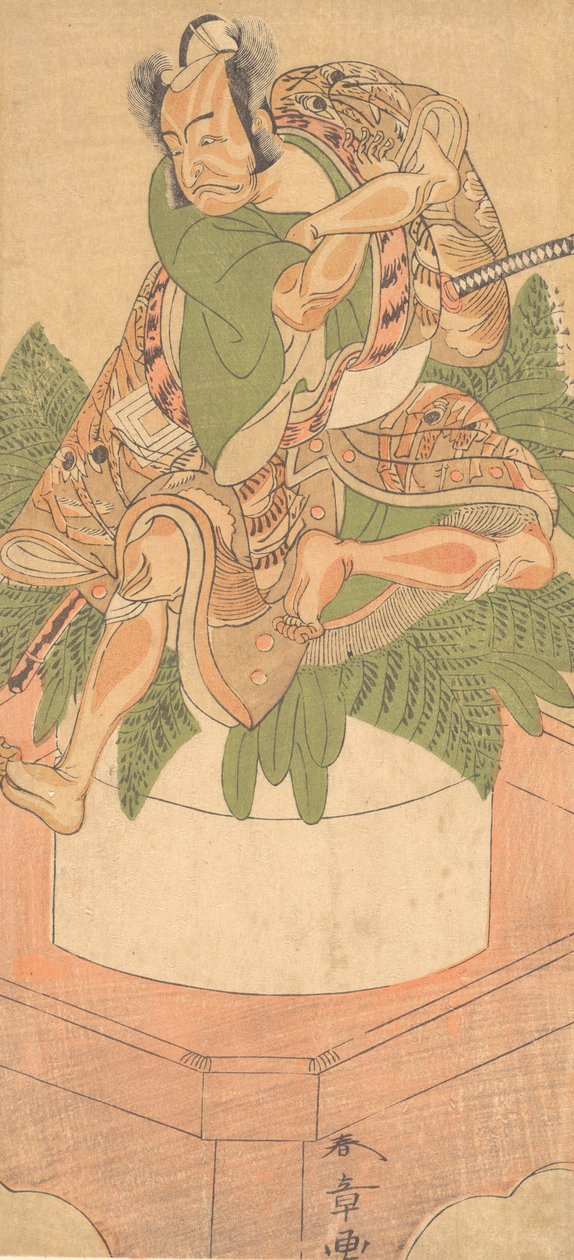 Čtvrtý Ichikawa Danjuro jako sluha Yakko sedící na velkém dortu Mochi..., 1772. od Shunsho