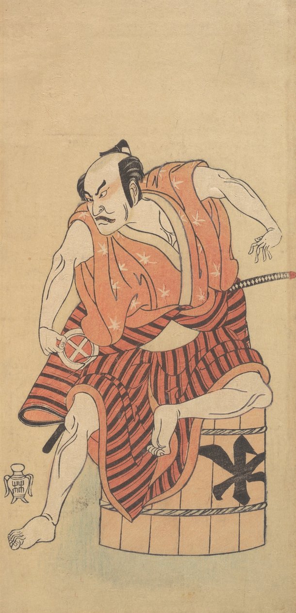 Třetí Otani Hiroemon jako Otokodate sedící na obrácené vaně, 1768 nebo 1769. od Shunsho