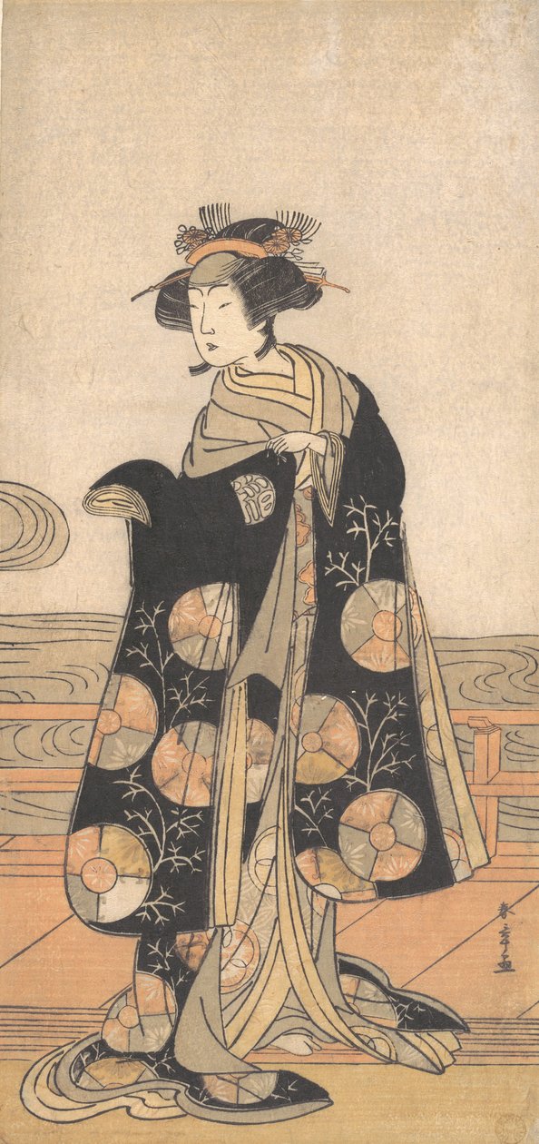 Yoshizawa Iroha jako žena stojící na Engawa domu u řeky, ca. 1778. od Shunsho