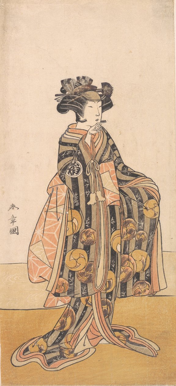 Yoshizawa Iroha jako žena Tomoe Gozen stojící na břehu, 1774 nebo 1775. od Shunsho