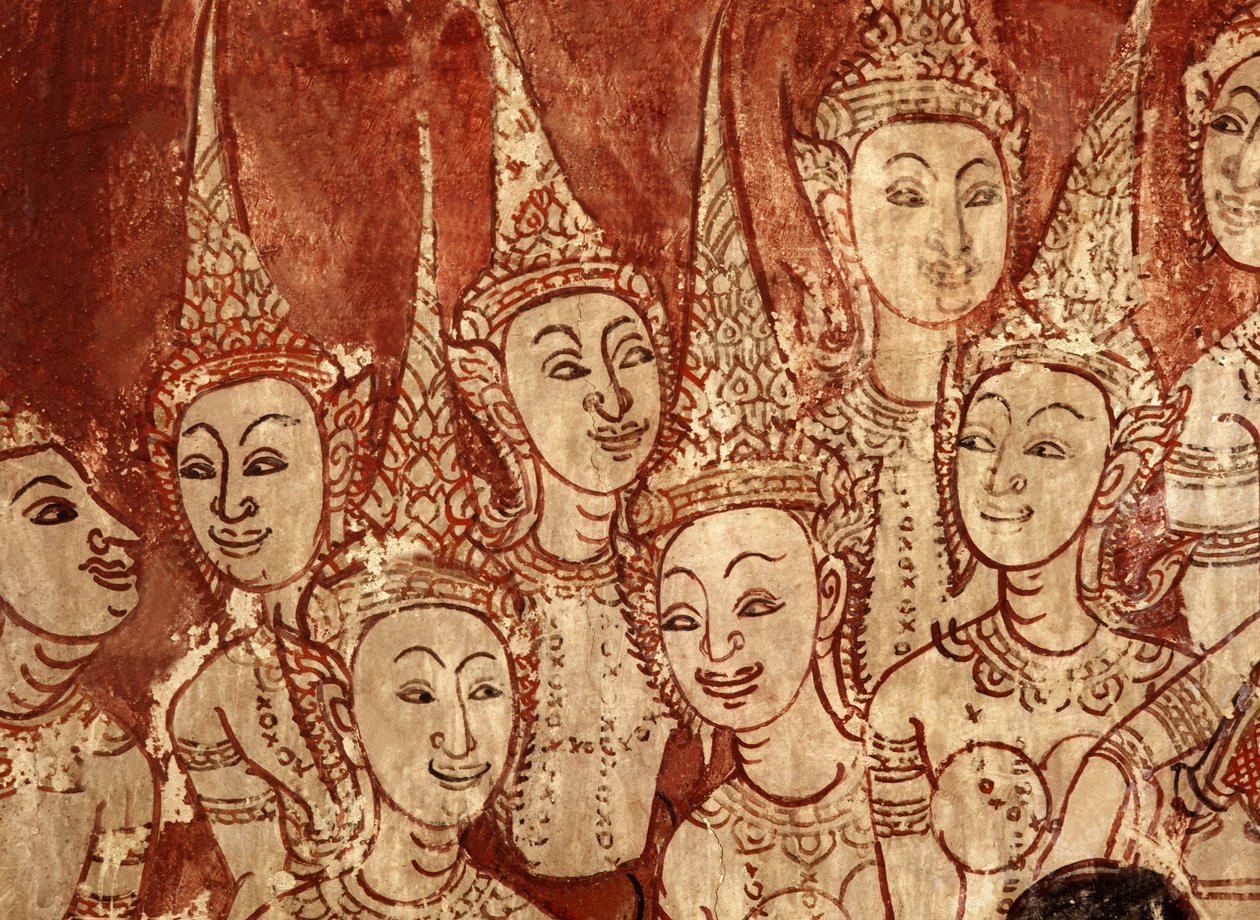 Detail nástěnných maleb zobrazujících nebeská božstva pocházející z pozdního období Ayutthaya (malba na kameni) od Siamese School