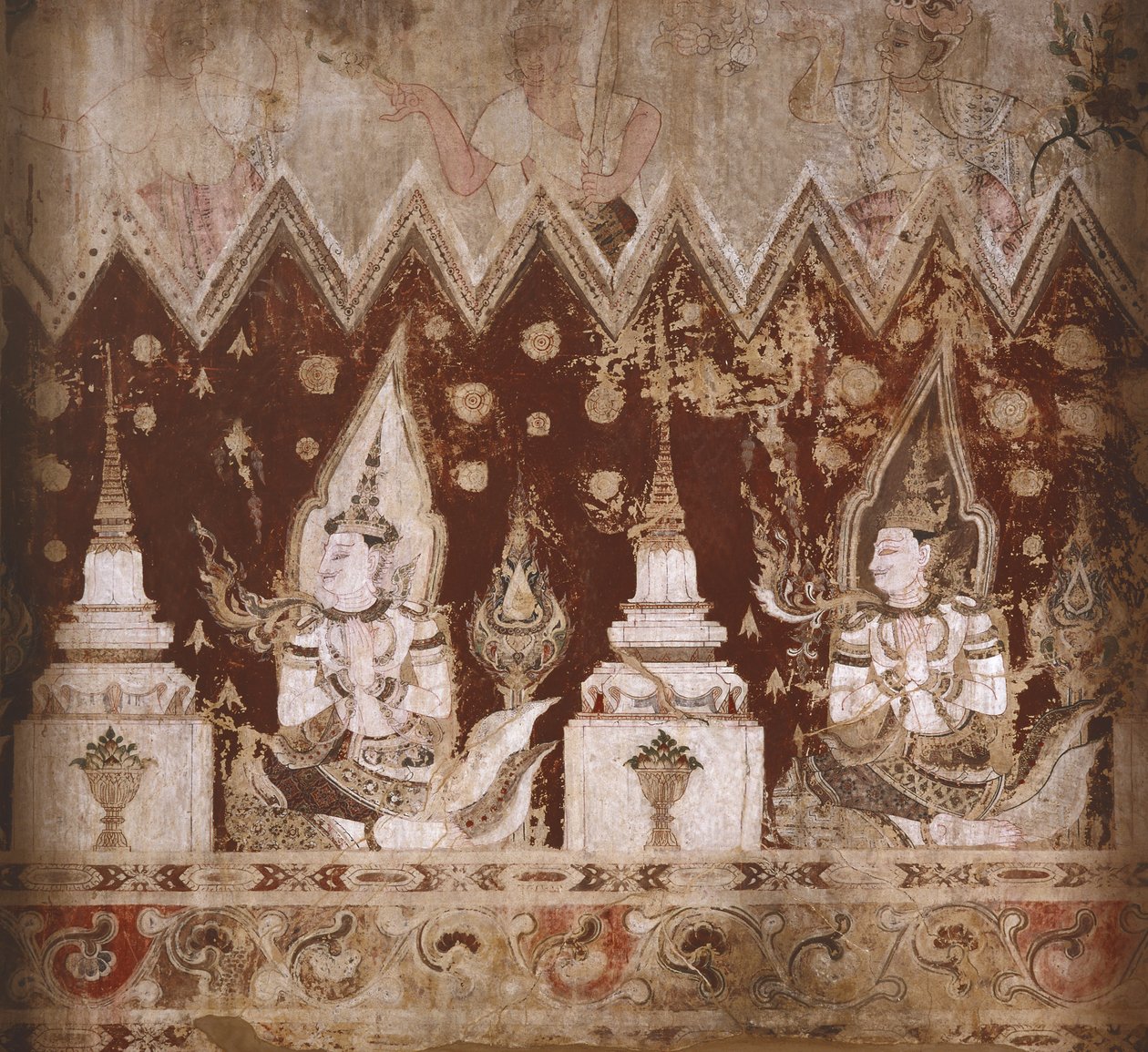 Detail z dochovaných nástěnných maleb (malba na kameni) od Siamese School