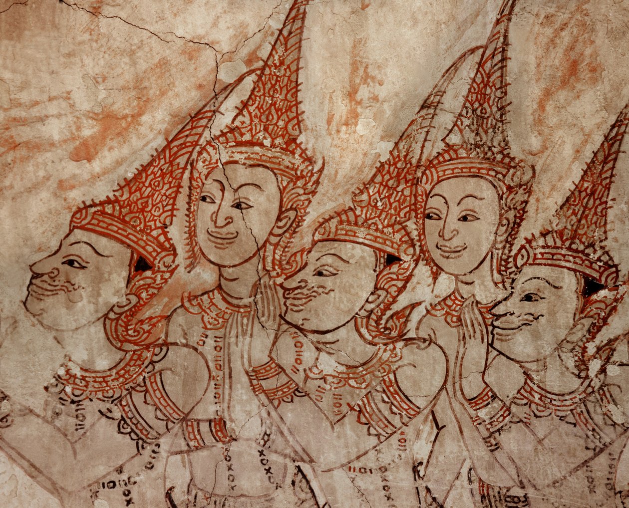 Detail nástěnné malby zobrazující nebeská božstva z pozdního období Ayutthaya (malba na kameni) od Siamese School