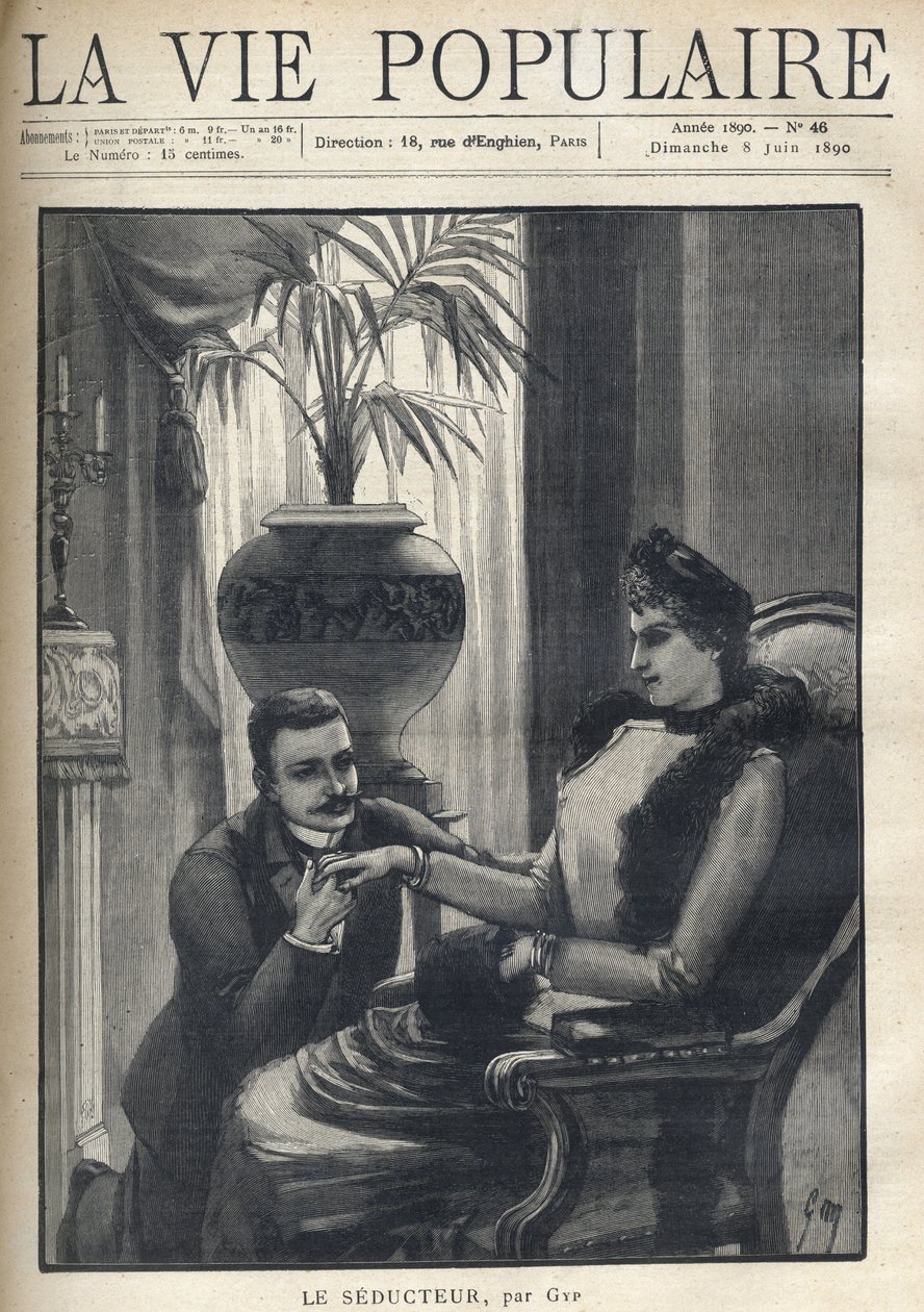 Muž na kolenou drží za ruku elegantní ženu, sedící v měšťanském obýváku, má na sobě kabát, rukáv a kožešinový šátek. Ilustrace pro Le Seducteur par Gyp (Sibylle Gabrielle Marie Antoinette Riquetti de Mirabeau, hraběnka z Martel d od Sibylle Gabrielle de Riquetti de Mirabeau