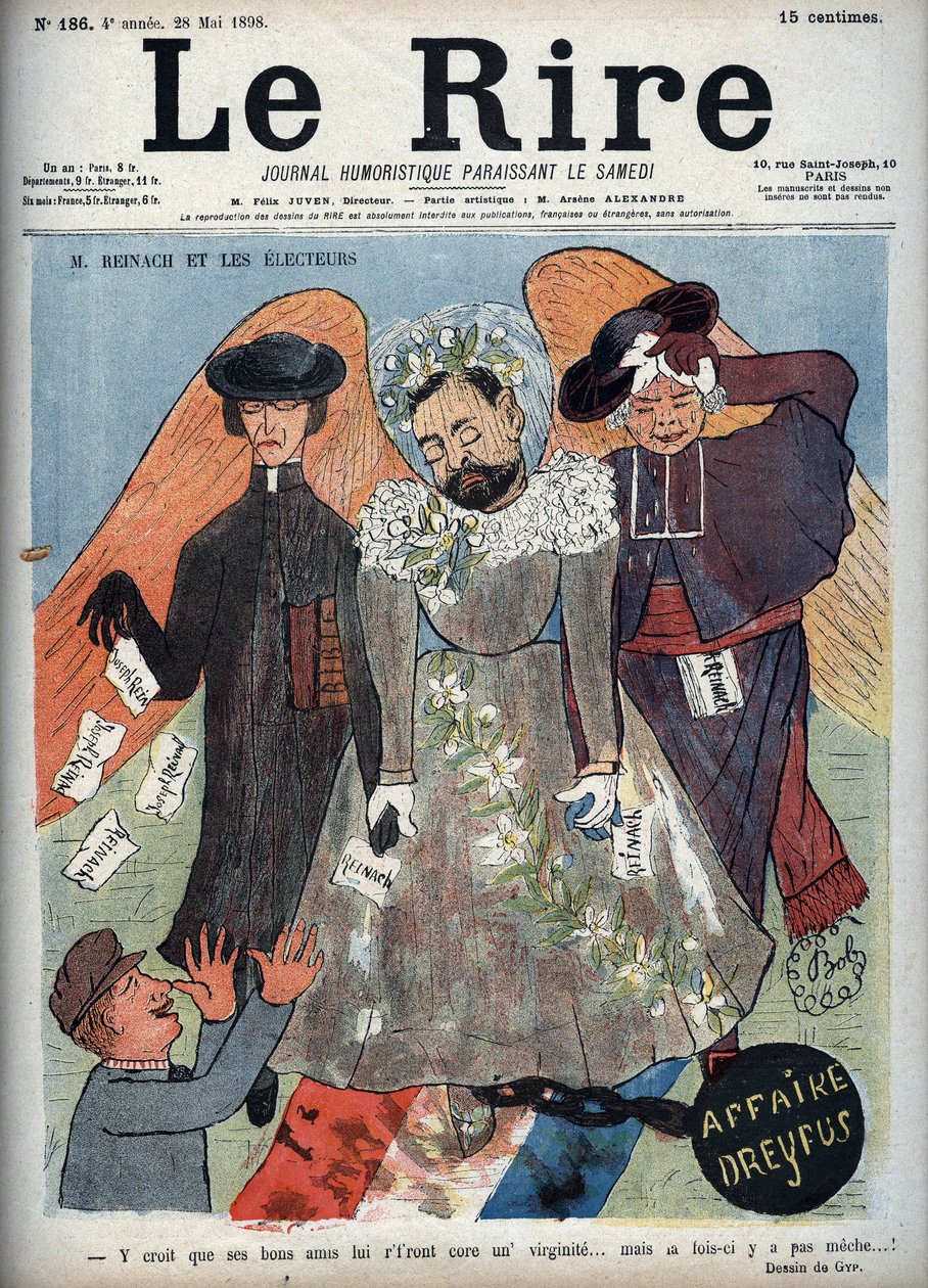 Případ Dreyfus – M. Reinach a voliči – Obálka satirického časopisu „“Le Lire““ představující Josepha Reinacha (1856-1921) francouzského spisovatele a politika, který obhajoval Alfreda Dreyfuse (1859-1935) v Dreyfusově aféře - ilustrace karikatury od Gyp (S od Sibylle Gabrielle de Riquetti de Mirabeau