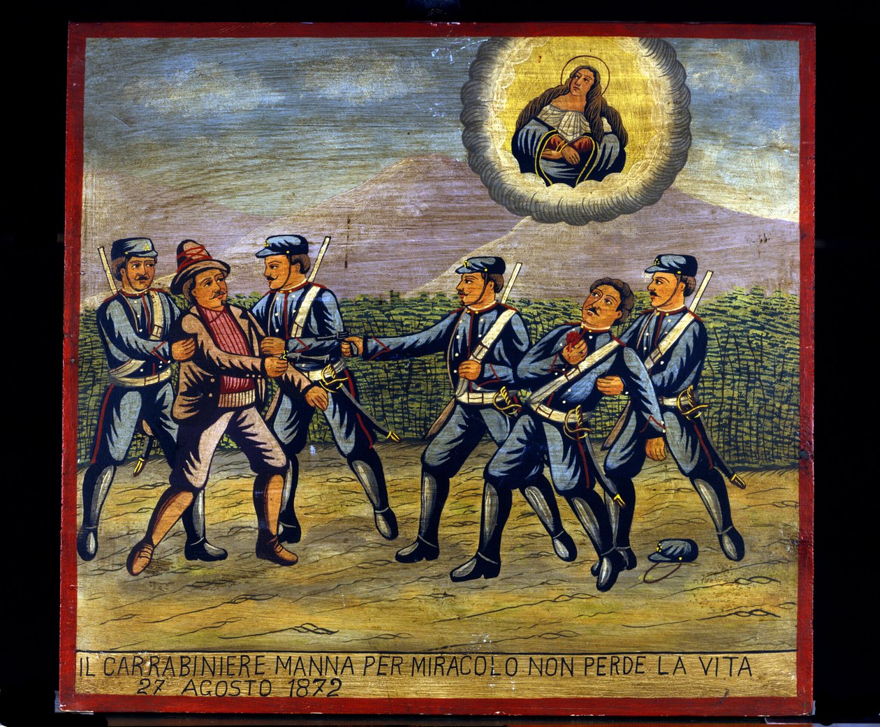 Ex-voto (ex voto) Sicilský: „“ Karabinář Manna 27. 8. 1872 zázrakem nepřijde o život““. Reprezentace bandity (Brigantaggio): Lupič střílel na Carabinier Manna, zatímco ostatní Carabinieri ho zastavili. . od Sicilian School
