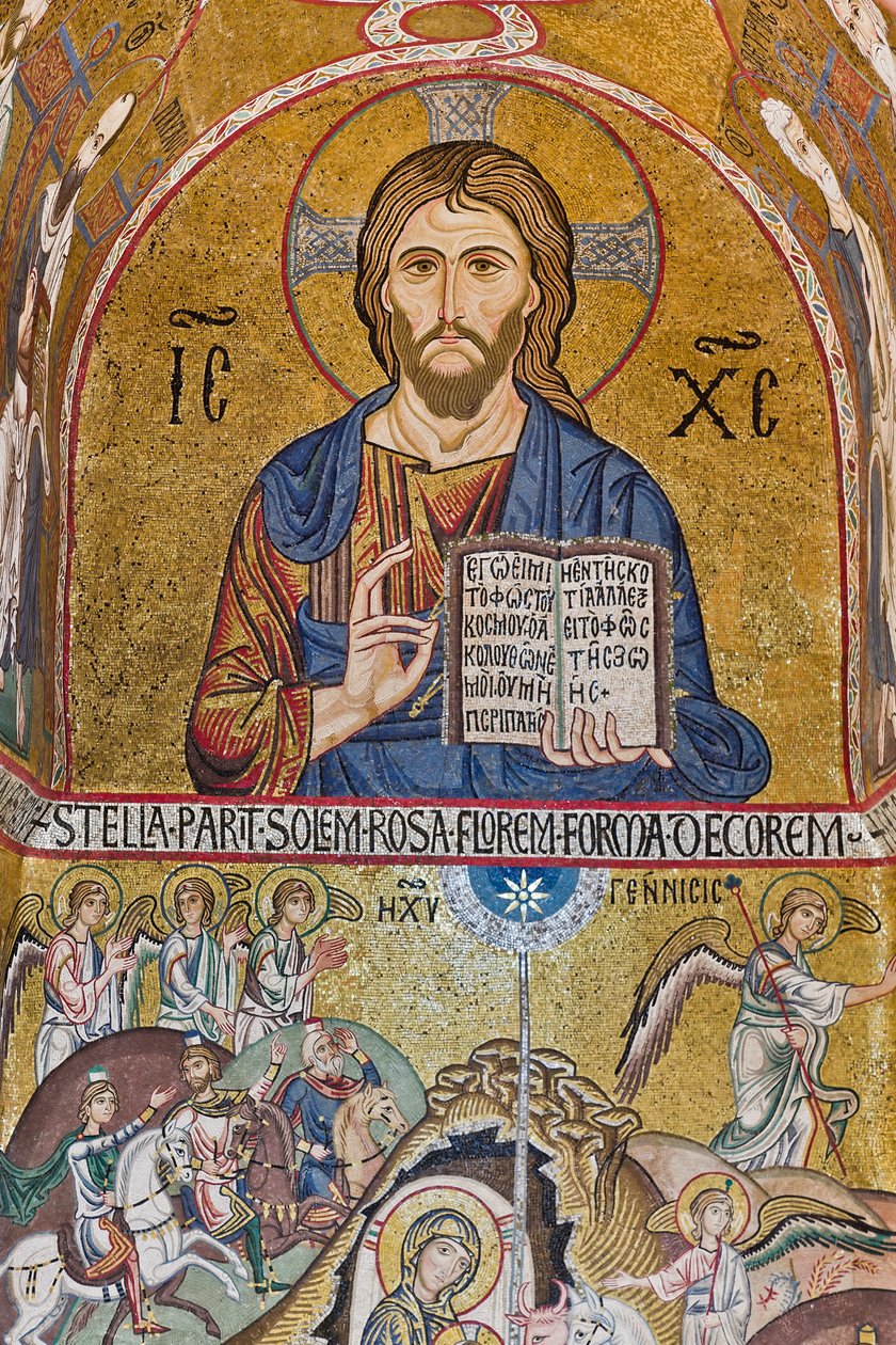 Palatinská kaple (bazilika), jižní apsida nebo "absidiola" svatého Pavla, mozaiky: "Kristus Pantokrator" a "Narození Páně", XII. od Sicilian School