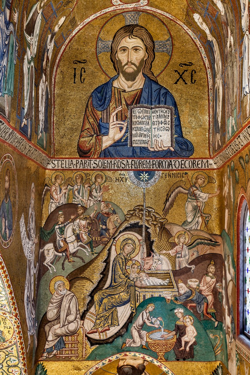 Palatinská kaple (bazilika), jižní apsida nebo "absidiola" svatého Pavla, mozaiky: "Kristus Pantokrator" a "Narození Páně", XII. od Sicilian School