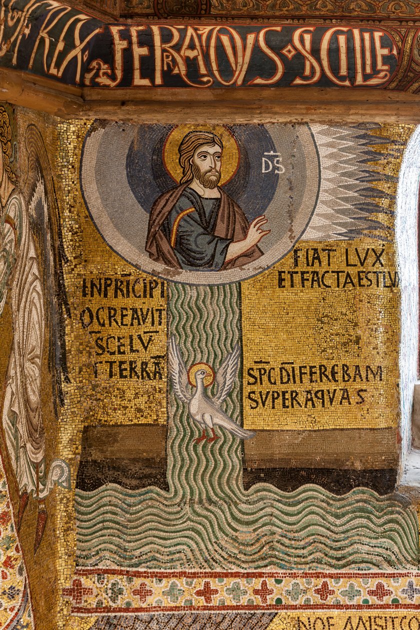 Palatinská kaple (bazilika), cyklus mozaik o Starém zákoně, cyklus Stvoření: "Fiat Lux Bůh tvoří světlo a rozděluje vody", XII. od Sicilian School
