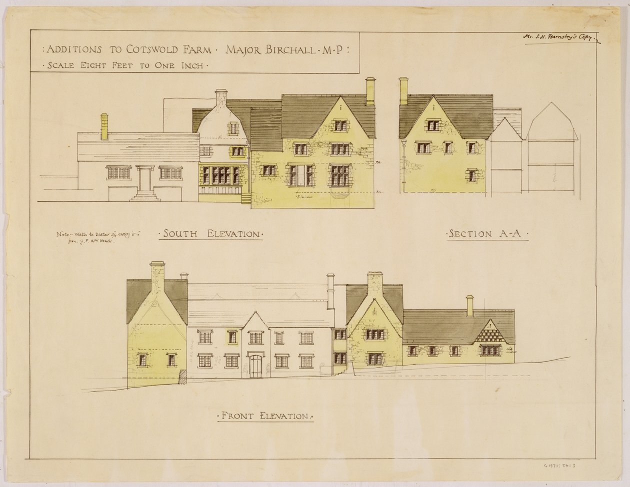 Přírůstky k Cotswold Farm: jižní a přední pohledy, cca 1925 (tisk a wc na papíře) od Sidney Barnsley