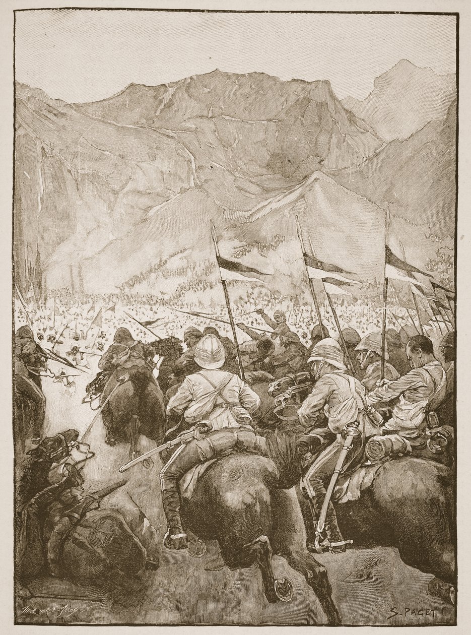 Plukovník Cleland vedl své kopiníky, ilustrace z „Bitvy devatenáctého století“ od Archibalda Forbese, G.A. Henty a major Arthur Griffiths od Sidney Paget