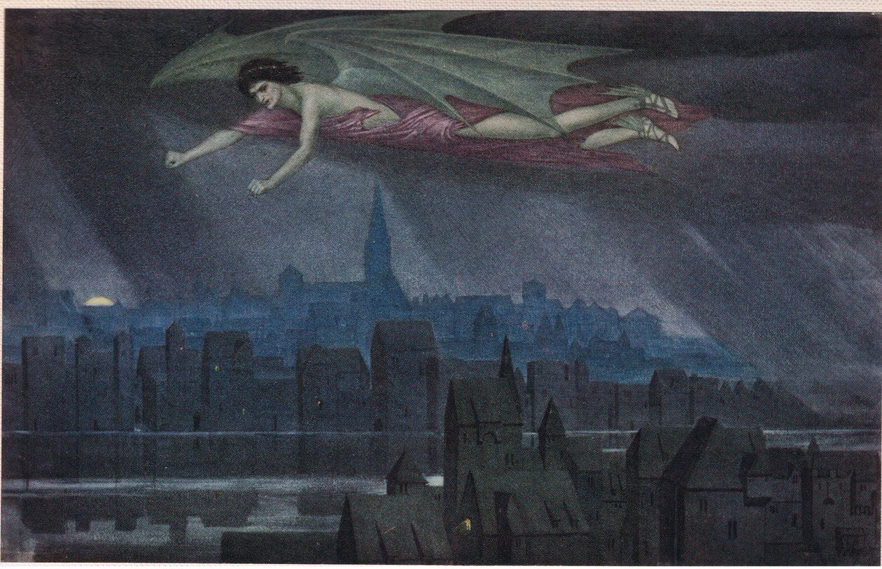 Lucifer letící nad městem. „Spi, spi, město! Dokud tě světlo neprobudí k hříchu a zločinu znovu." od Sidney Meteyard