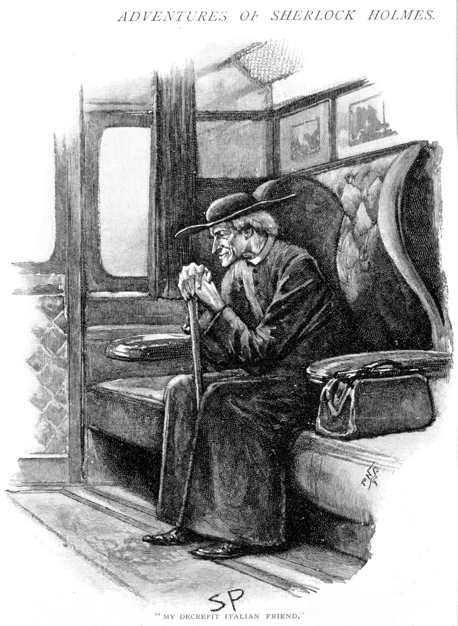 Arthur Conan Doyle The Adventure of the Final Problem Strand Magazine, Londýn, 1893. Ilustroval Sidney E. Paget (1860-1908), první umělec, který nakreslil Holmese. Holmes jako starý italský kněz čeká, až Boat Train vyjede z Victoria Station v Londýně. od Sidney Paget