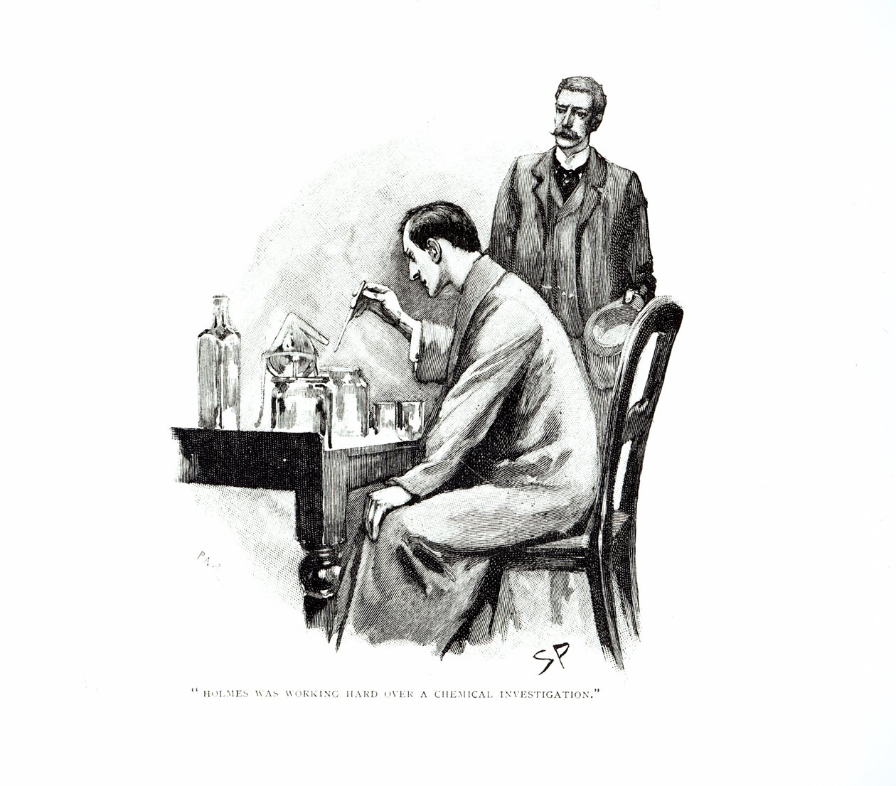 "Holmes usilovně pracoval na chemickém vyšetřování", ilustrace k "Námořní smlouvě", Arthur Conan Doyle (1859-1930), publikováno v "Strand Magazine", říjen a listopad 1893 ( od Sidney Paget