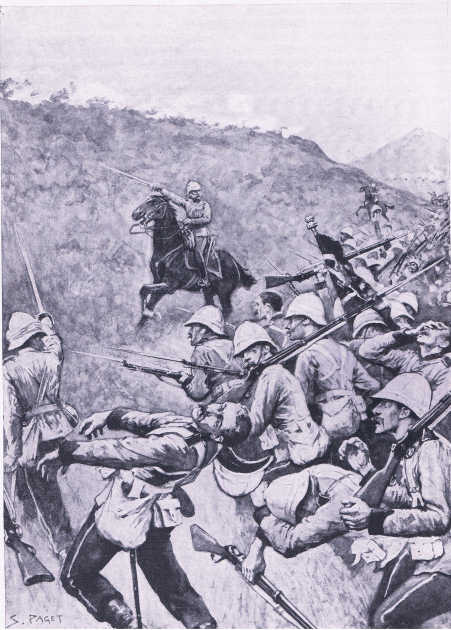 Langs Nek, 28. ledna 1881 (1. búrská válka), ilustrace z britských bitev na souši a na moři, 1915 od Sidney Paget