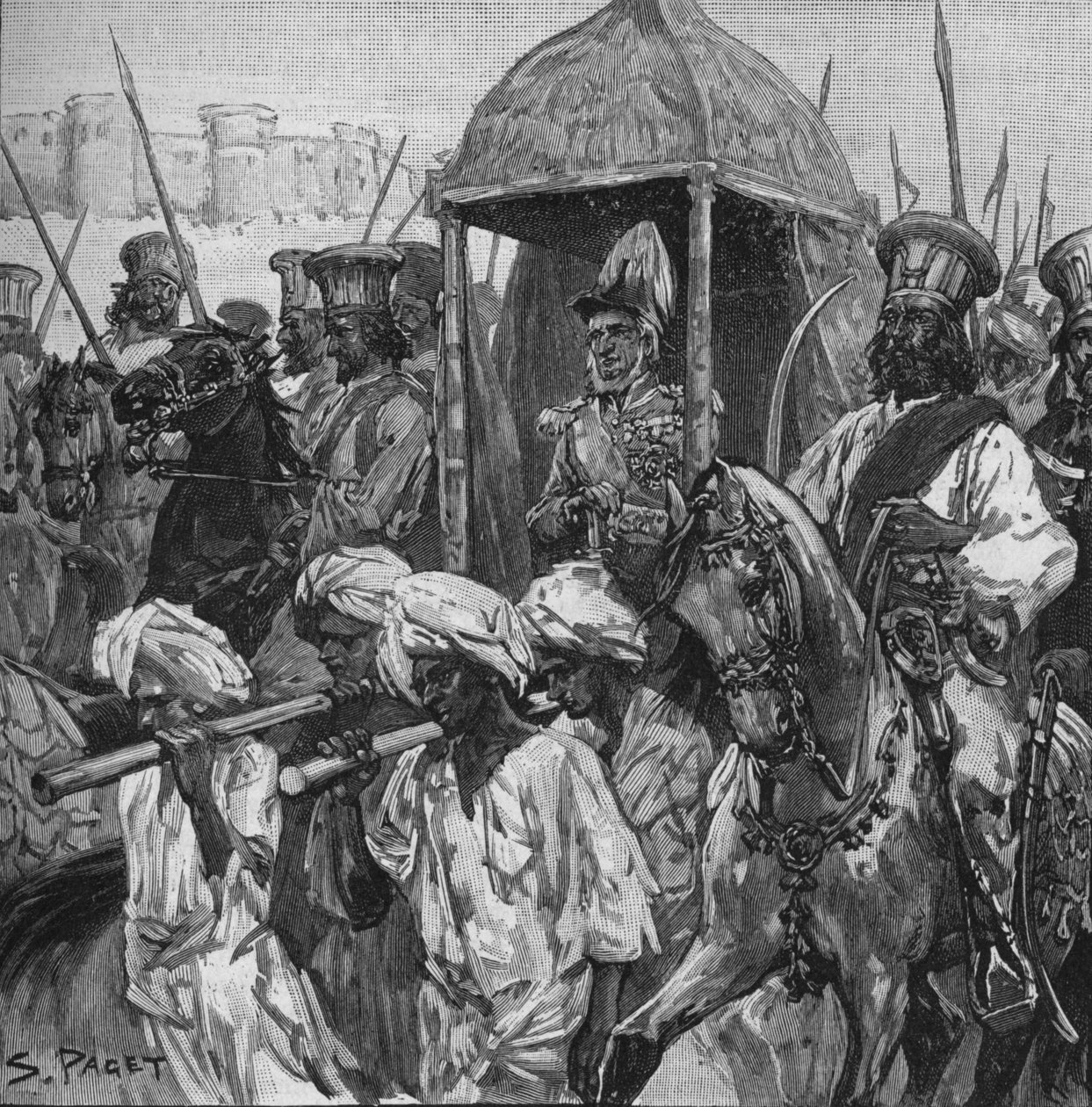 Napier, v plné uniformě, se narodil do Hajdarábádu v nádherném Palanquinu, 1902 od Sidney Paget