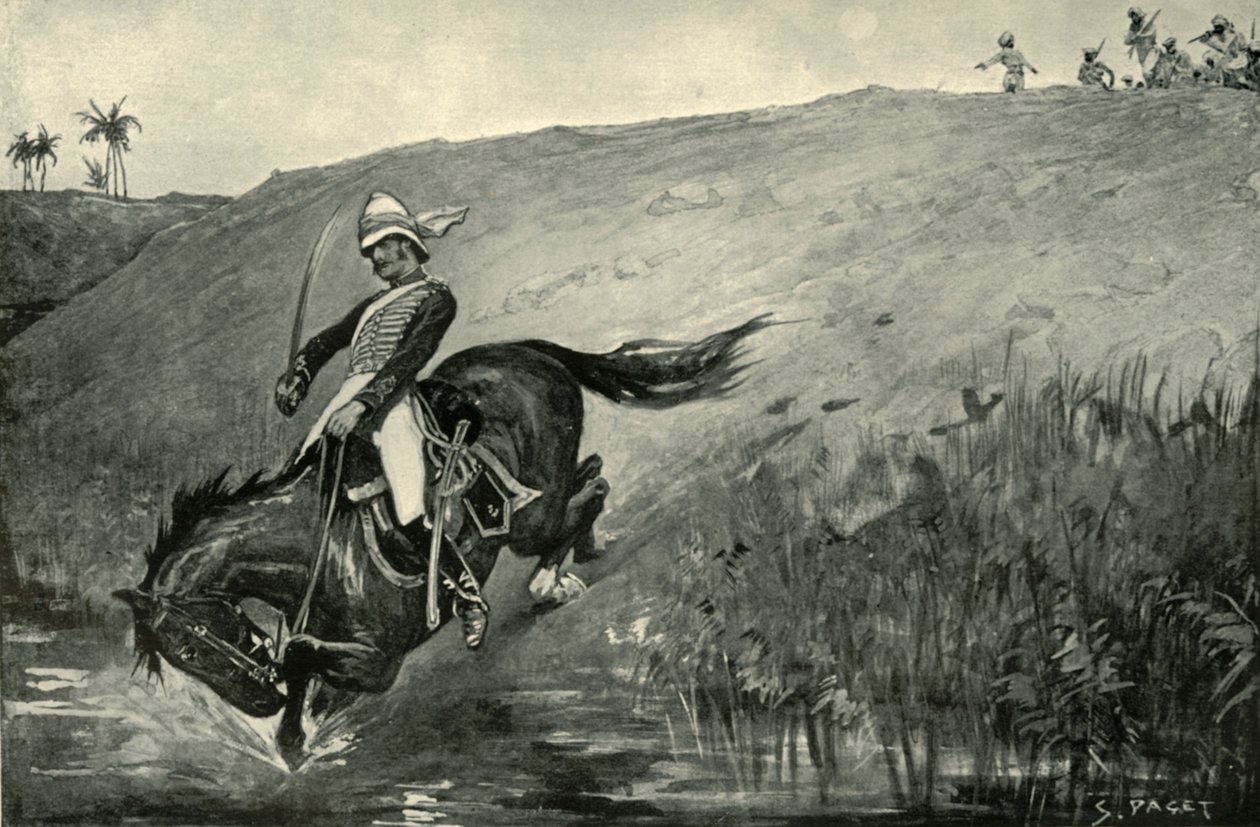 Úzký útěk poručíka Robertse při pronásledování domorodci poblíž Lucknow, 1901. od Sidney Paget