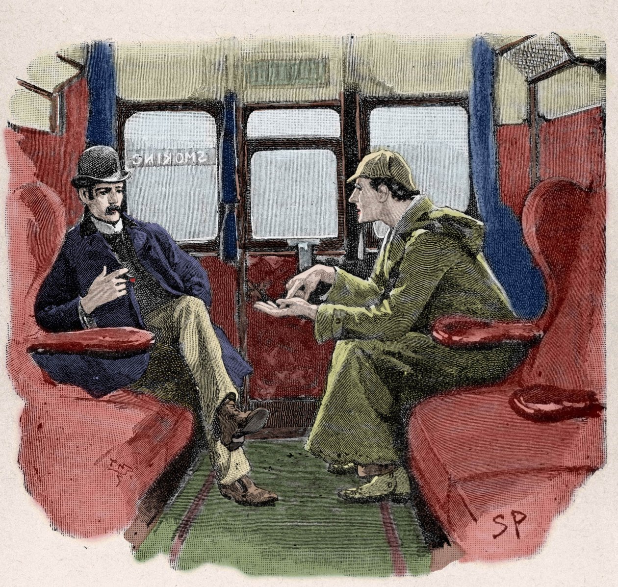 Silver Blaze: Ilustrace Sydney Paget k dobrodružství Sherlocka Holmese. Slavný detektiv je zastoupen s Dr. Watsonem ve vlaku. Publikováno na „The Strand Magazine“. Zprávy od Conana Doyla. 1892. od Sidney Paget