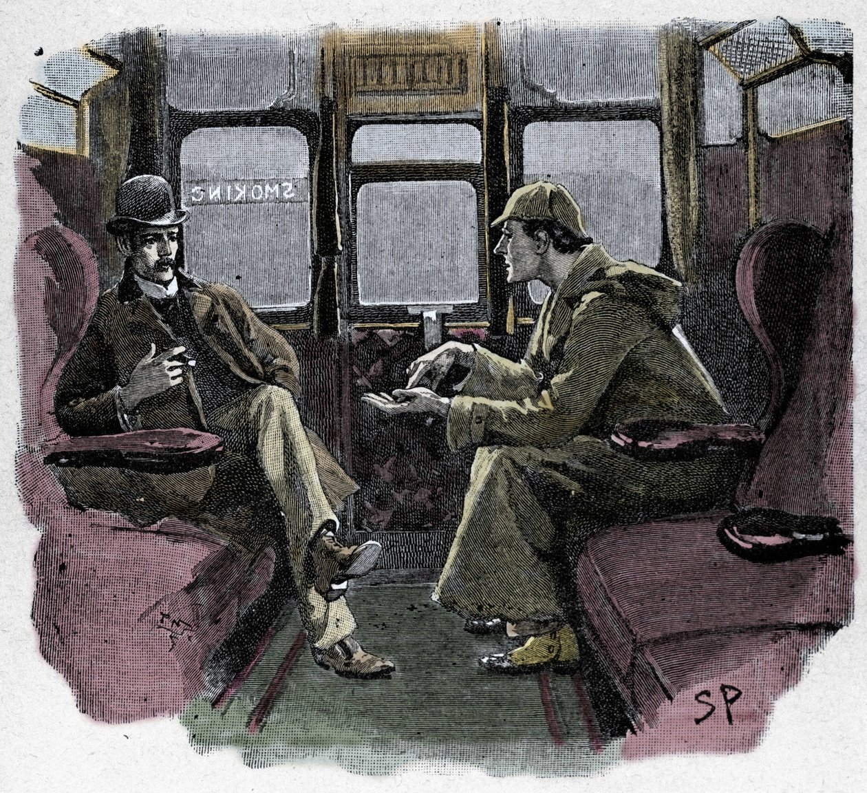 Silver Blaze: Ilustrace Sydney Paget k dobrodružství Sherlocka Holmese. Slavný detektiv je zastoupen s Dr. Watsonem ve vlaku. Publikováno na „The Strand Magazine“. Zprávy od Conana Doyla. 1892. od Sidney Paget
