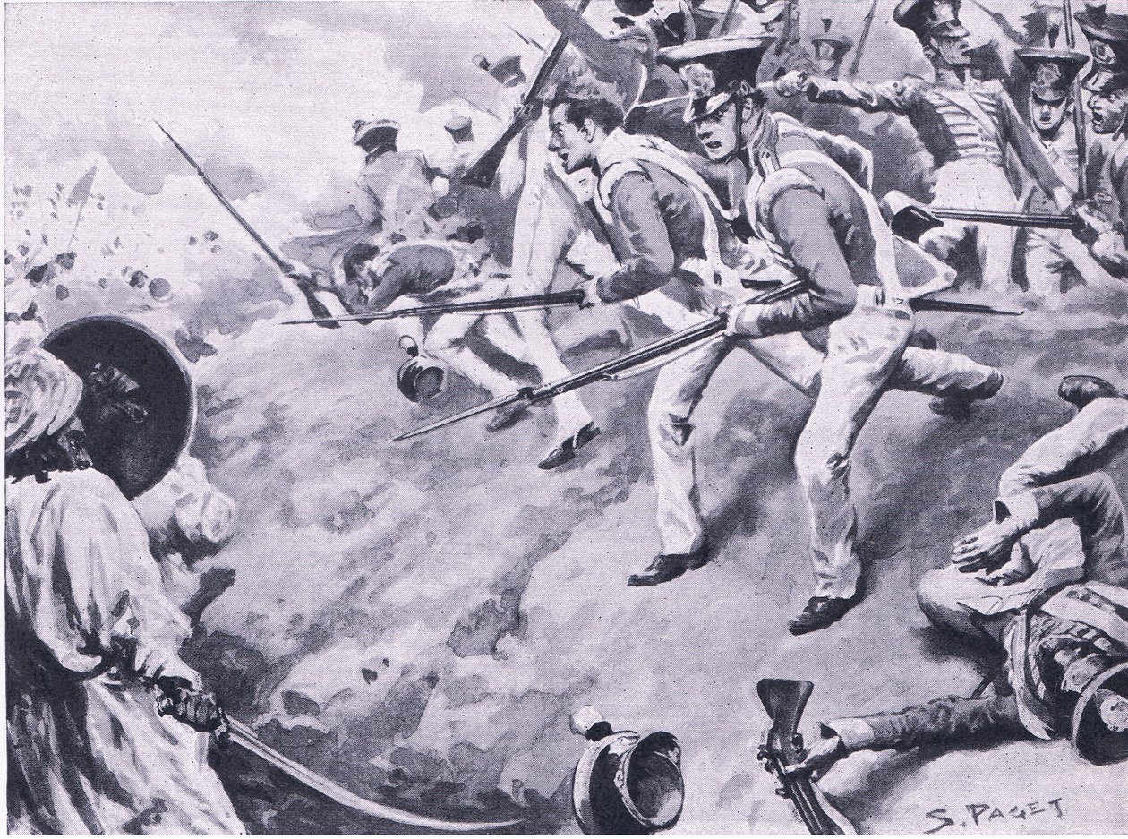 Bitva u Dubby, 24. března 1843, ilustrace z britských bitev na souši a na moři, 1915 od Sidney Paget