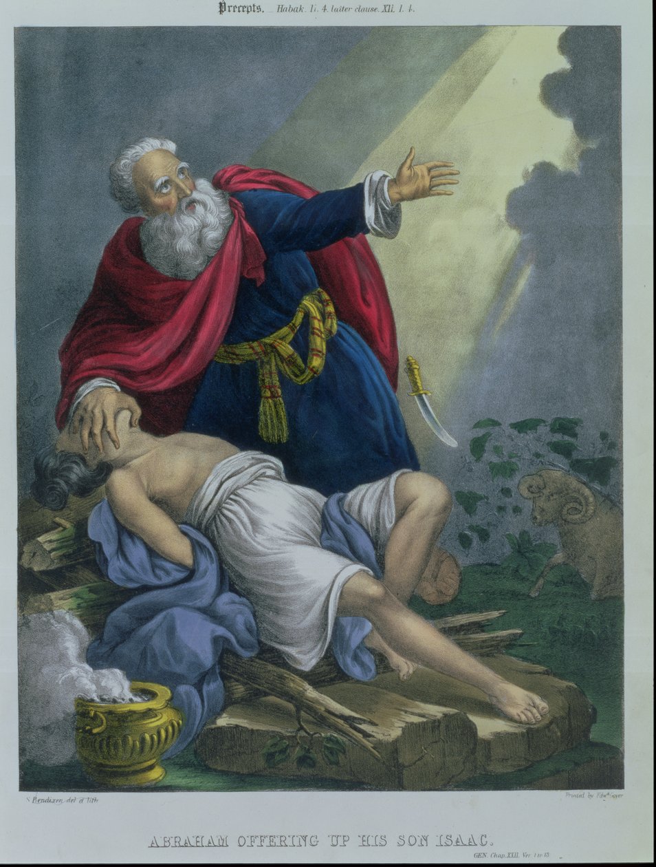 Abraham obětující svého syna Izáka z Bible vytištěné Edwardem Goverem, 70. léta 19. století od Siegfried Detler Bendixen