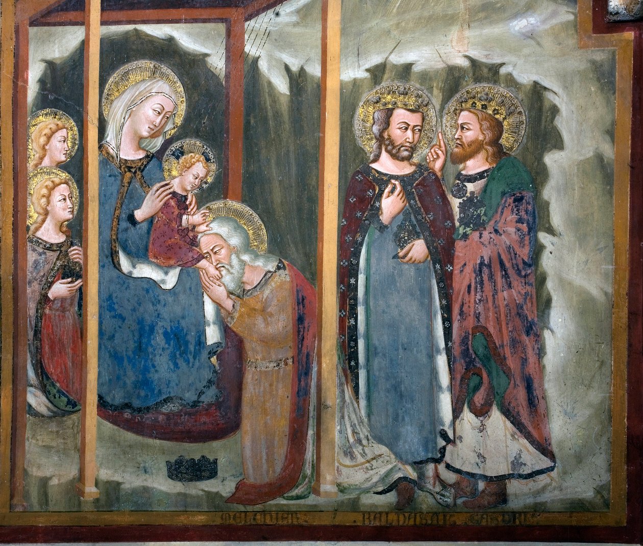 Klanění tří králů freska ze školy Siena. 14. století. Kaple Panny Marie. Klášter Saint Benedetto (Sacro Speco), Subiaco (Řím), Itálie od Sienese School