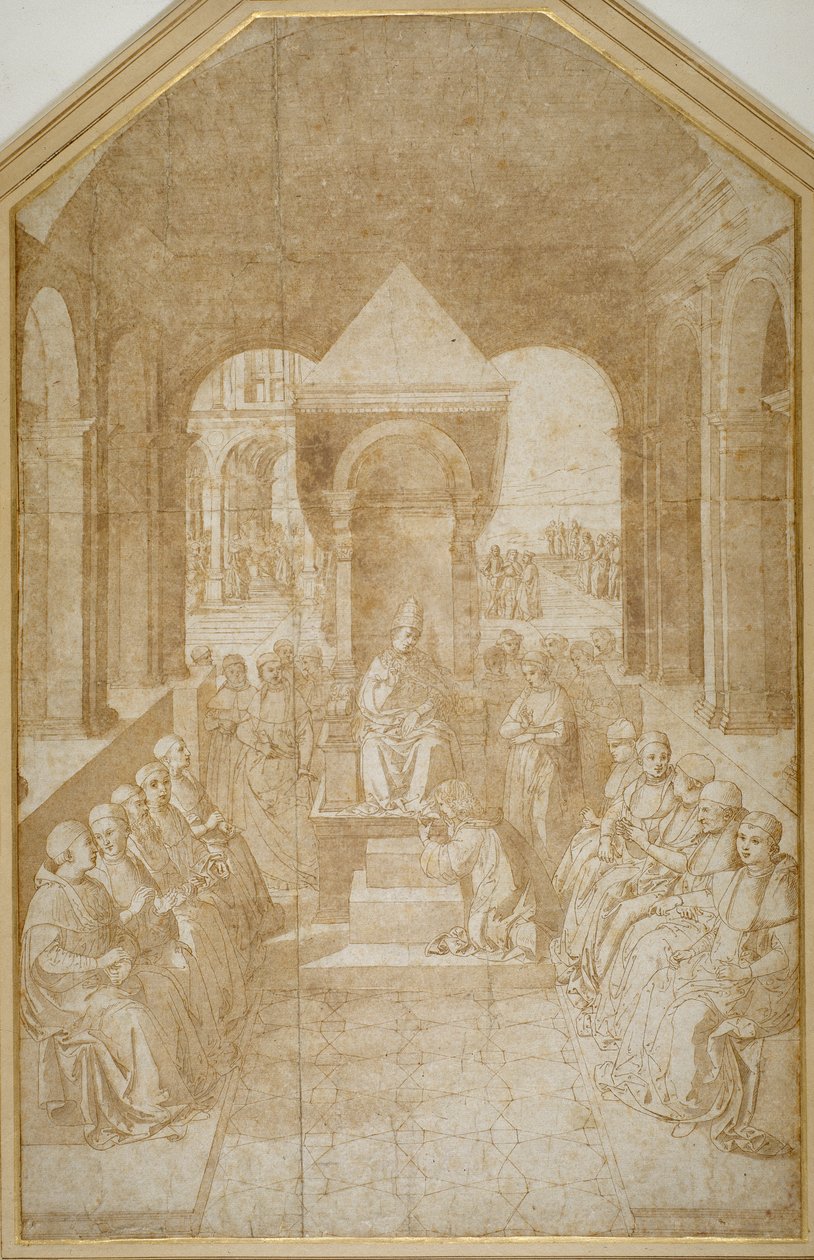 Aeneas Piccolomini líbající papuče papeže Eugenia po Pinturicchiovi (pero a hnědý inkoust s mytím na papíře) od Sienese School