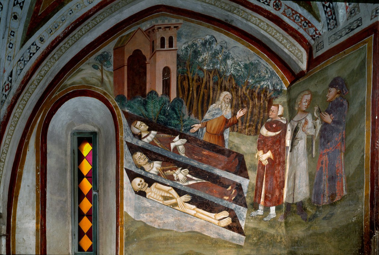 Setkání mrtvých s živými Detail fresky sienské školy. 14. století. Klášter Saint Benoit (Sacro Speco), Schodiště, Subiaco (Řím), Itálie od Sienese School