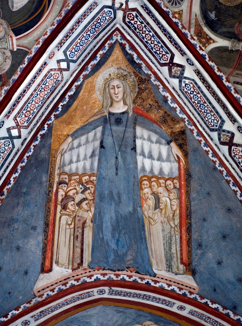 Znázornění Panny Marie Matky církve Freska kaple Panny Marie ze Sienské školy ze 14. století - Klášter sv. Benedetta (Sacro Speco), Subiaco (Řím), Itálie od Sienese School