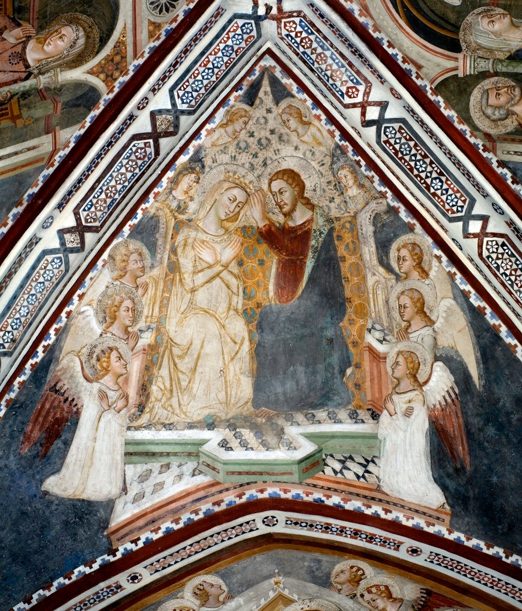 Korunovace Panny Marie Freska kaple Panny Marie provedená školou Siena ze 14. století - Klášter sv. Benedetta (Sacro Speco), Subiaco (Řím), Itálie od Sienese School