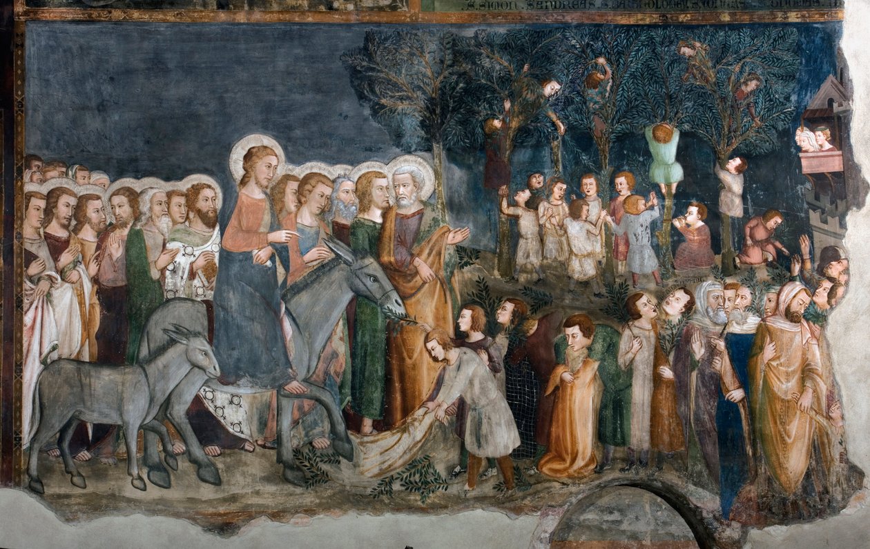 Vchod do Jeruzaléma Freska školy Siena. 14. století. Vyšší církev. Klášter svatého Benedetta od Sienese School