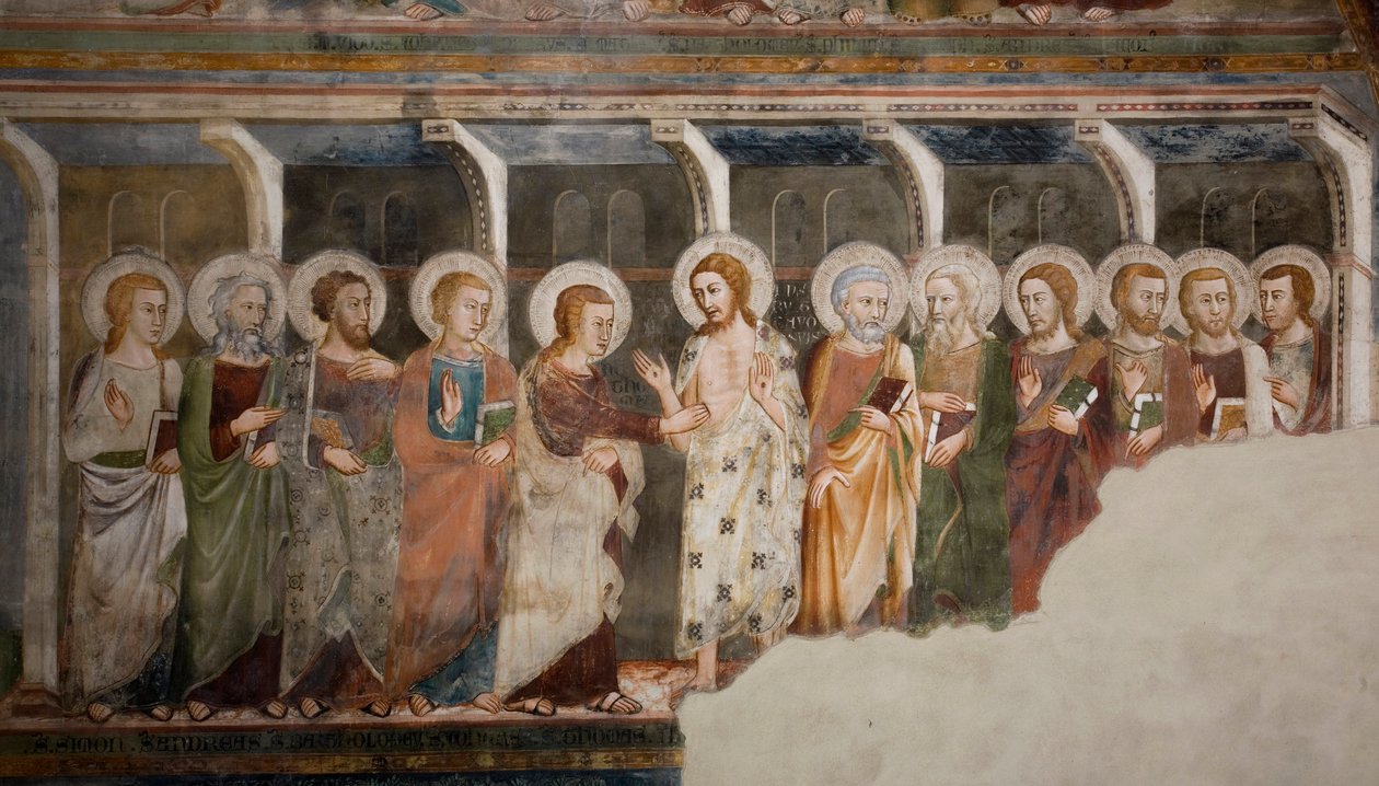 Incredulita apoštola Thomase Freska ze sienské školy. 14. století. Vyšší církev. Klášter Saint Benedetto (Sacro Speco), Subiaco (Řím), Itálie od Sienese School