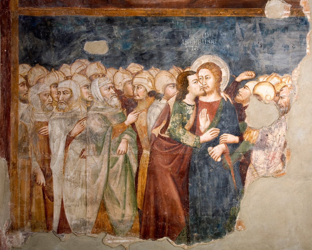 Polibek Jidáše Freska ze školy Siena. 14. století. Vyšší církev. Klášter Saint Benedetto (Sacro Speco), Subiaco (Řím), Itálie od Sienese School