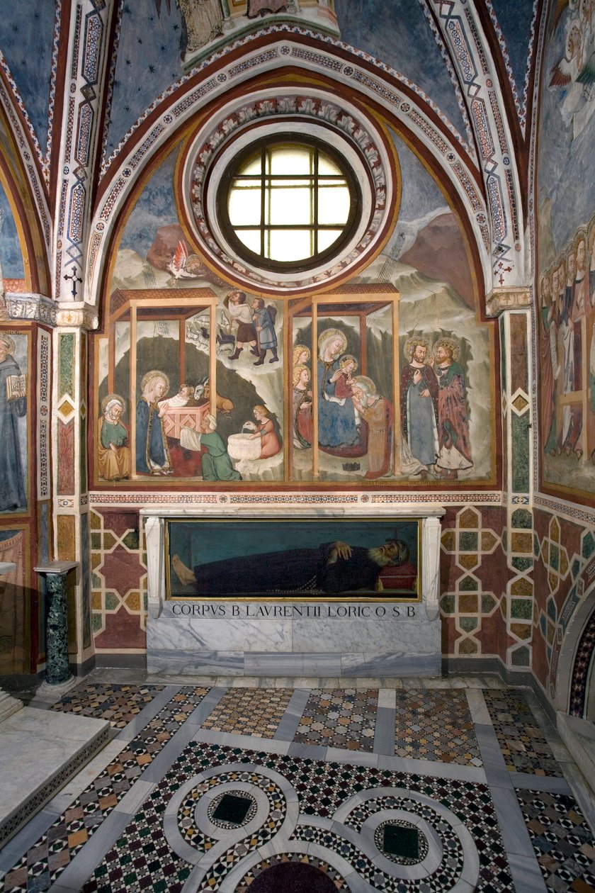 Narození a adorace školy Magi Fresco v Sieně. 14. století. Kaple Panny Marie. Klášter Saint Benedetto (Sacro Speco), Subiaco (Řím), Itálie od Sienese School