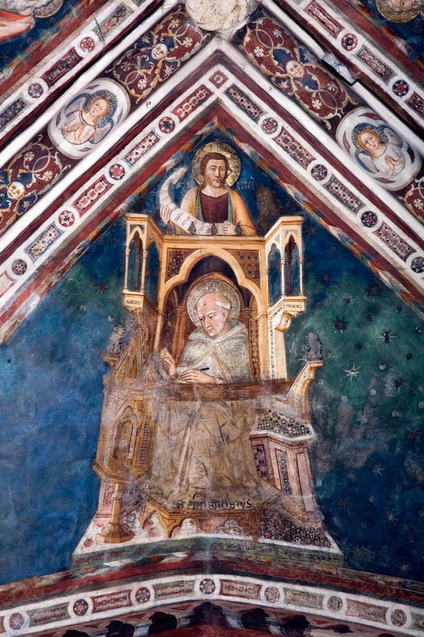 Pohled na detail fresky zdobící jednu z kleneb Horního kostela představující čtyři učitele římské církve: svatého Ambrože Milánského a evangelistu svatého Marka. zhotovila sienská škola z počátku 14. století. Monas od Sienese School