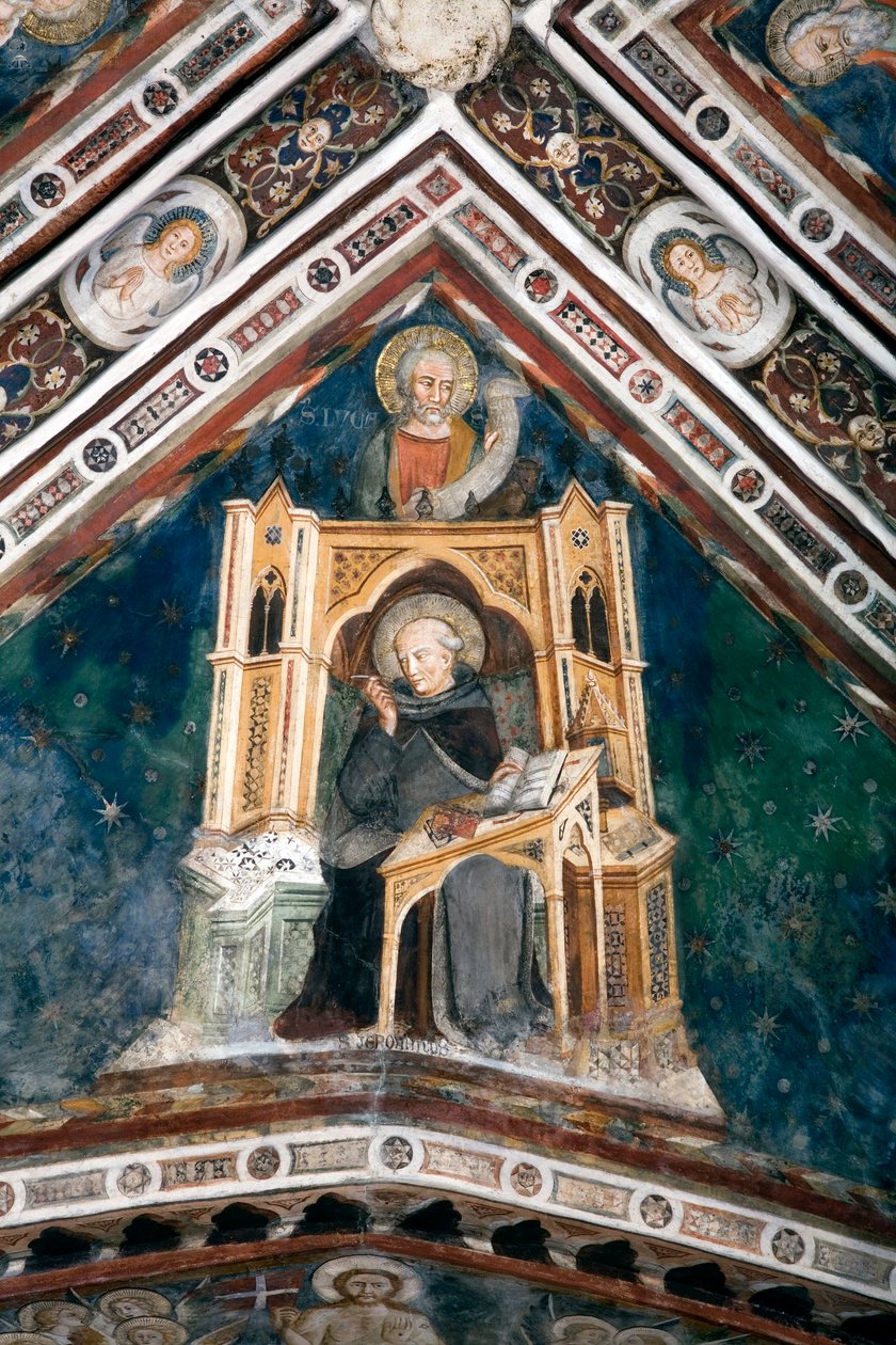 Pohled na detail fresky zdobící jednu z kleneb Horního kostela představující čtyři učitele římské církve: svatého Jeronýma a evangelistu svatého Lukáše. zhotovila sienská škola z počátku 14. století. Klášter z od Sienese School