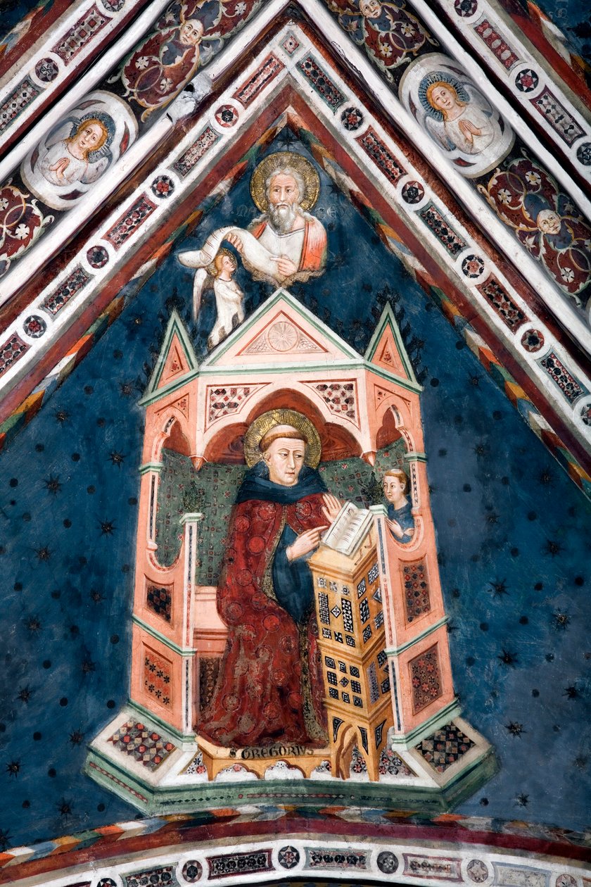 Pohled na detail fresky zdobící jednu z kleneb Horního kostela představující čtyři učitele římské církve: svatého Gregoira I. Velikého a evangelistu svatého Mathieu od Sienese School