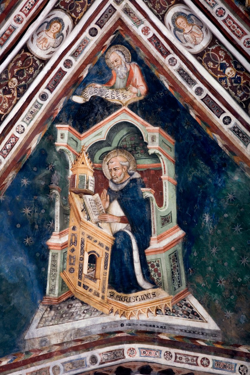 Pohled na detail fresky zdobící jednu z kleneb Horního kostela představující čtyři učitele římské církve: svatého Augustina z Hrocha a evangelistu svatého Jana. Klášter Saint Benedetto (Sacro Speco), Subiaco (Řím), Itálie od Sienese School