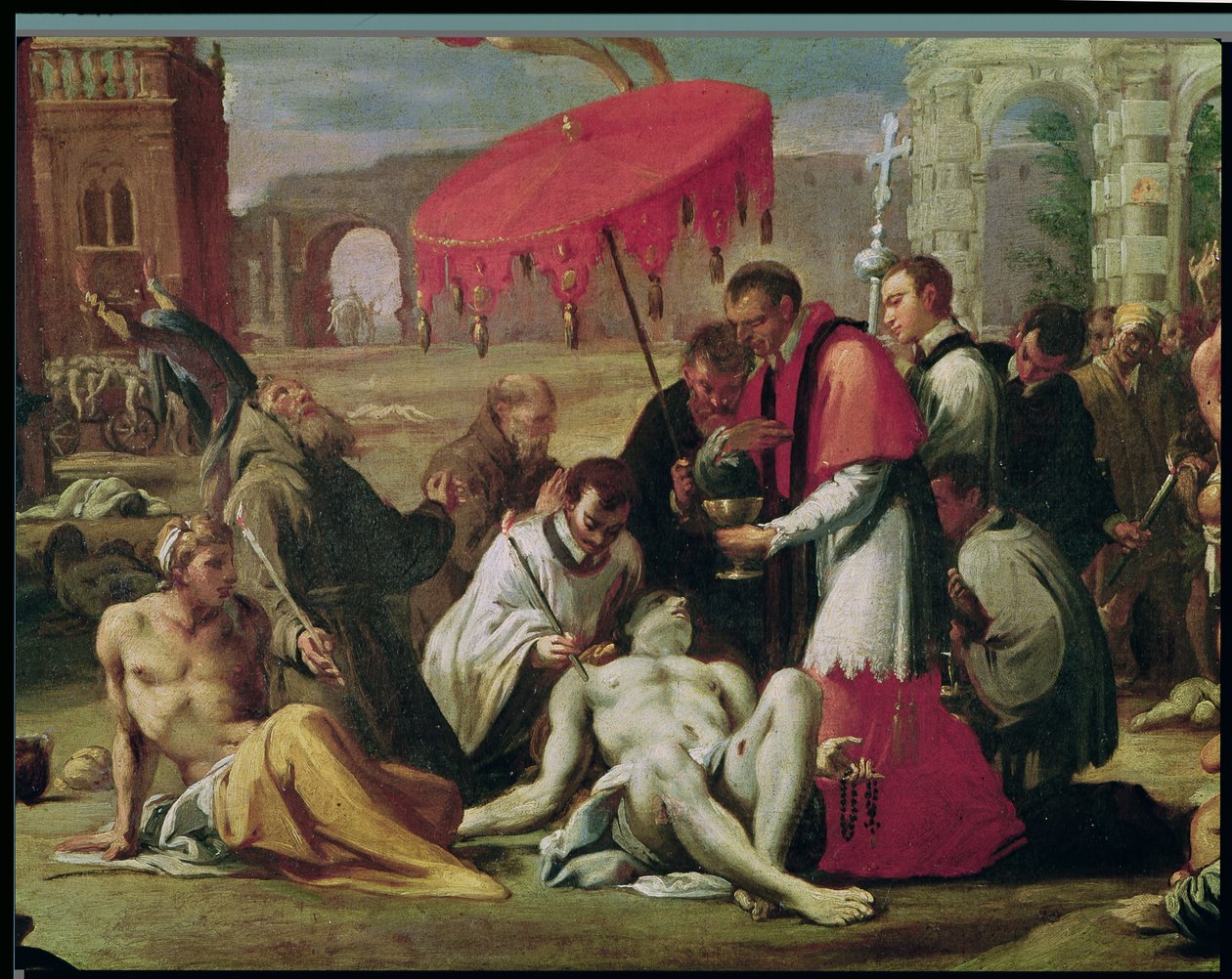 Svatý Karel Boromejský (1538–84) Udělování svátosti obětem moru v roce 1576 (detail 78610) od Sigismondo Caula