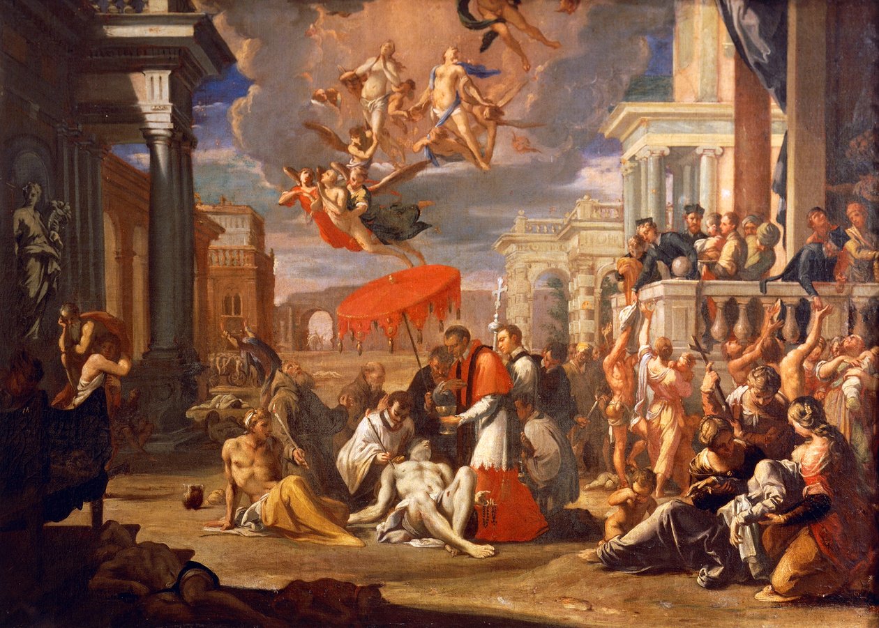 Sv. Karel Boromero podávající svaté přijímání obětem moru v roce 1576, Sigismund Caula (1637-1713), olej na plátně, 97x147 cm od Sigismondo Caula